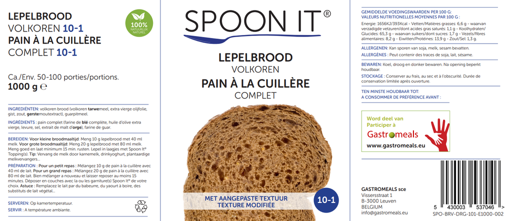 Spoon It - Lepelbrood Volkoren - Droog - 10-1 - Emmer - 1000 g etiket